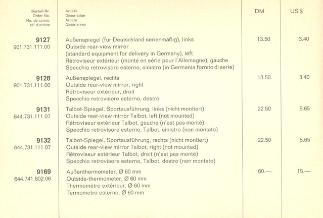Preisliste zum Talbot-Spiegel aus 1965